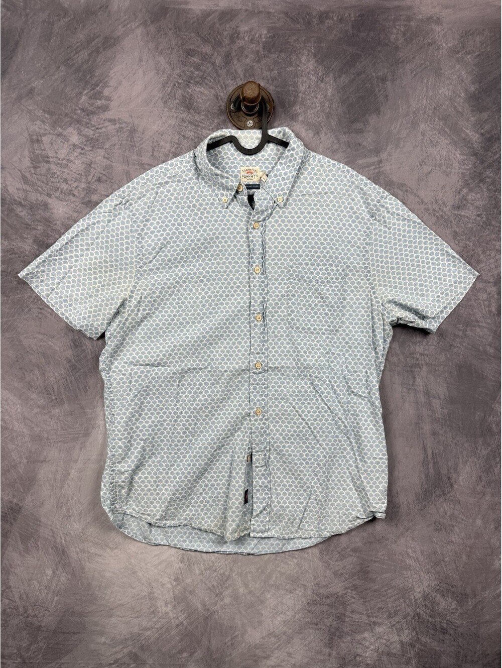 Faherty The Breeze Shirt Mens L Indigo Dyed Linen Blend Short Sleeve Print